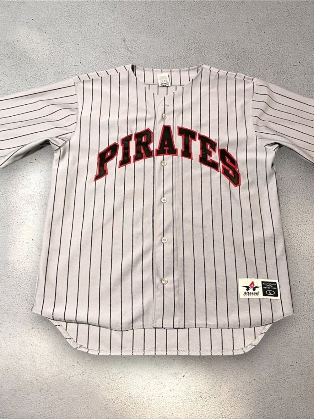 VTG Alleson Athletic Pirates #18 Baseball Jersey Men's L Gray Pinstripe Sporty